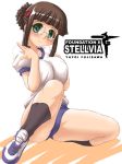  00s 1girl blush breast_squeeze breasts buruma character_name copyright_name fujisawa_yayoi fujisawa_yayoi_(uchuu_no_stellvia) glasses gym_uniform head_tilt large_breasts shoes sidelocks sneakers socks solo tonpuu uchuu_no_stellvia 