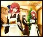  00s 3girls black_border black_hair border christmas christmas_tree closed_eyes dated english food hisui indoors kohaku long_hair maid mansion merry_christmas multiple_girls open_mouth redhead shirotsumekusa short_hair siblings sisters tohno_akiha tray tree tsukihime twins 