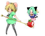  2girls angel_mort animal_ears blonde_hair dress food fork fruit higurashi_no_naku_koro_ni houjou_satoko kamiyoshi kamiyoshi_rika mouse_ears multiple_girls pantyhose sailor_dress sonozaki_shion strawberry 