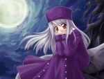  1boy 1girl berserker black_hair buttons coat fate/stay_night fate_(series) full_moon grey_skin hands_on_own_cheeks hands_on_own_face hat illyasviel_von_einzbern light_smile long_hair looking_at_viewer moon night night_sky purple_hat red_eyes silver_hair sitting sitting_on_person sky 