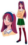 00s 1girl blue_eyes blue_shoes blush brown_hair crossed_arms full_body green_skirt hairband head_tilt long_hair pleated_skirt portrait red_legwear shoes simple_background skirt solo standing sweater thigh-highs tohno_akiha tsukihime white_background zettai_ryouiki zoom_layer 