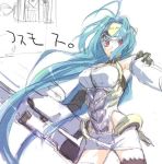  1girl blue_hair breasts cropped_legs elbow_gloves gloves gun kos-mos long_hair lowres medium_breasts red_eyes solo thigh-highs very_long_hair weapon xenosaga xenosaga_episode_i 