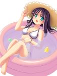  1girl atsushima_you ball bare_shoulders barefoot bikini blue_eyes bracelet brown_hair hat jewelry long_hair o-ring_top open_mouth purple_hair ringed_eyes simple_background solo straw_hat sun_hat swimsuit wading_pool water white_background 