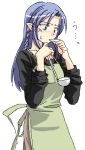  1girl ? apron blue_hair braid caster cowboy_shot fate/stay_night fate_(series) fujitsuki ladle long_hair nervous pointy_ears saucer simple_background solo sweat tasting white_background 