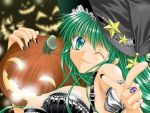  1girl bare_shoulders breasts detached_sleeves green_eyes green_hair halloween hat jewelry jpeg_artifacts lantern large_breasts pumpkin ring solo star strap wink witch witch_hat 