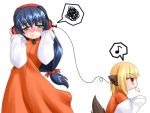  2girls animal_ears blonde_hair blue_hair blush dress embarrassed fox_ears green_eyes hand_on_ear headphones listening_to_music long_hair low_ponytail mouth_hold multiple_girls musical_note orange_dress original red_eyes short_hair simple_background skirt spoken_musical_note spoken_squiggle squiggle tail white_background 