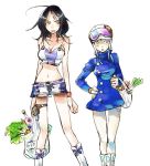  2girls bag black_hair boots bottle brown_eyes eureka eureka_seven eureka_seven_(series) female goggles green_hair groceries helmet jacket miniskirt multiple_girls pants plastic_bag skirt spring_onion talho_yuuki thigh_strap tubetop vegetable violet_eyes 