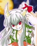  &gt;:d 1girl :d bangs collarbone evil_grin evil_smile ex-keine fangs female full_moon glowing grin head_tilt horn_ribbon horns kamishirasawa_keine looking_at_viewer moon night open_mouth ribbon silver_hair smile solo teeth touhou upper_body 