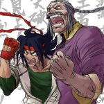  2boys 90s braid chinese_clothes clenched_hand domon_kasshu facial_hair fingerless_gloves g_gundam gloves gundam hachimaki headband male_focus manly master_asia multiple_boys mustache old_man pose red_gloves shouting spiky_hair 