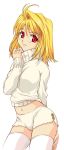  00s 1girl arcueid_brunestud blonde_hair boyshorts hand_on_thigh midriff navel nishida_asako panties red_eyes short_hair shorts simple_background solo standing sweater thigh-highs tsukihime turtleneck underwear vampire white white_legwear white_panties 