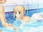  1boy 1girl ahoge artoria_pendragon_(all) ass bandeau bikini blonde_hair blush couple cute emiya_shirou fate/hollow_ataraxia fate/stay_night fate_(series) game_cg green_eyes hetero jpeg_artifacts nervous partially_submerged pool pool_ladder poolside ribbon saber sweatdrop swim_trunks swimming swimming_lessons swimsuit takeuchi_takashi teaching type-moon white_bikini white_swimsuit 