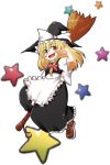 1girl blonde_hair braid broom fang female hat kirisame_marisa long_hair nekonote_(nekono_paraiso) side_braid simple_background solo star starry_background touhou witch witch_hat 