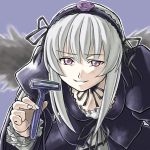  00s 1girl hand_on_hips pink_eyes pun raised_eyebrow razor rozen_maiden silver_hair solo suigintou what wings 