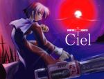  00s 1girl chainsaw character_name ciel collar cowboy_shot cross cross_print dress expressionless from_side full_moon green_eyes holding holding_weapon long_sleeves looking_at_viewer moon purple_sky red_dress short_hair silver_hair sleeves_rolled_up solo tsukihime wallpaper weapon 