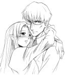  1boy 1girl arms_around_neck blush caster fate/stay_night fate_(series) glasses hug inue_shinsuke kuzuki_souichirou looking_at_viewer lowres monochrome pointy_ears staring 