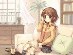  1girl adjusting_hair blush book brown_eyes brown_hair chair coffee couch cup curtains cushion flower_pot hood hooded_jacket jacket kneehighs knees meito_(maze) mug original pillow plant school_uniform short_hair sitting skirt socks solo table wind window 