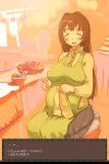  1girl black_hair blush breasts caitin closed_eyes gameplay_mechanics happy kaqo knitting large_breasts long_hair mabinogi pregnant smile solo translated 