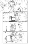  1boy 1girl 4koma bow chibi comic computer cross emiya_shirou explosion failure fate/stay_night fate_(series) hair_bow hair_ribbon happy jpeg_artifacts long_hair miniskirt monochrome ribbon silent_comic skirt smile surprised takadoya thigh-highs tohsaka_rin twintails what zettai_ryouiki 