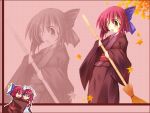  00s 2girls apron bamboo_broom bow broom hair_bow hisui hug hug_from_behind japanese_clothes kimono kohaku leaf looking_at_viewer maid_headdress maple_leaf multiple_girls redhead sash short_hair siblings sisters smile tsukihime twins wallpaper zoom_layer 