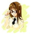  1girl adjusting_glasses blush brown_hair glasses long_hair necktie open_mouth original school_uniform solo sweater 