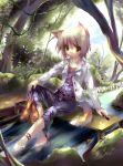  1girl animal_ears barefoot blonde_hair creek feet_in_water fox_ears holding holding_shoes katana nature original river shoes shoes_removed short_hair soaking_feet solo stream sword tail tree tree_shade water weapon yamamoto_nori yellow_eyes 