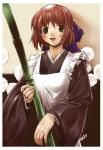  00s 1girl :d apron bamboo baozi blue_bow blush bow cowboy_shot food green_eyes hair_bow kohaku long_sleeves looking_at_viewer open_mouth smile solo tsukihime 