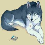 blood blue_eyes cigarette lying marlboro murata_(pixiv49763) no_humans product_placement wolf 