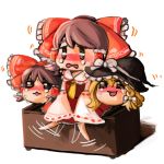  barefoot blonde_hair box brown_hair chibi detached_sleeves donation_box hair_ribbon hakurei_reimu hat japanese_clothes kirisame_marisa miko ribbon ruto_(petatann) tears touhou witch_hat yukkuri_shiteitte_ne 