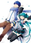  1boy 1girl 2013 aqua_eyes aqua_hair armpits arms_up belt blue_eyes blue_hair boots dated detached_sleeves hatsune_miku irono_yoita kaito long_hair necktie open_mouth scarf skirt star thigh-highs thigh_boots twintails very_long_hair vocaloid white_background 