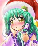  ayase_midori bad_id blush drunk green_hair hat kochiya_sanae long_hair sake santa_hat snake touhou 