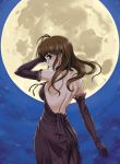  back bare_shoulders dress elbow_gloves evening_gown gloves hair_down halter_top halterneck hida_tatsuo idolmaster moon solo 