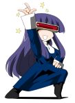  \m/ chibi cyclops_(x-men) head_mounted_display kara_no_kyoukai kieyza long_hair marvel parody pose purple_hair saturday_night_fever seikan_hikou simple_background smile star x-men 