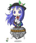  blue_eyes blue_hair chibi flower food fruit hat highres hinanawi_tenshi keystone long_hair peach rope shide shimenawa touhou 