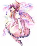  colored_pencil_(medium) dress earrings fingernails frilled_dress frills green_eyes hand_to_chin hat jewelry long_fingernails musical_note myaaco mystia_lorelei pink_hair shoes short_hair singing solo touhou traditional_media winged_shoes wings 