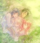  closed_eyes gundam gundam_00 hand_holding holding_hands jo_(artist) johann_trinity lowres michael_trinity nena_trinity red_hair redhead siblings sleeping smile 