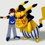  1boy black_eyes black_hair costume edmond_honda hat masao parody pikachu pointing pokemon pokemon_(anime) pokemon_(creature) satoshi_(pokemon) street_fighter sumo what 
