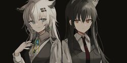  2girls absurdres animal_ear_fluff animal_ears arknights bangs black_background black_hair black_nails black_vest blue_eyes brooch chihuri closed_mouth collared_shirt earrings eyebrows_visible_through_hair hair_between_eyes hair_ornament hairclip hand_up highres jewelry lappland_(arknights) long_hair long_sleeves looking_at_viewer multiple_girls nail_polish necktie puffy_long_sleeves puffy_sleeves red_eyes red_necktie scar scar_across_eye shirt simple_background smile texas_(arknights) upper_body vest white_hair white_shirt 