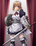  armor blue_eyes boots curtains garters gauntlets knee_boots knight maid medieval shield sword taiyou thigh-highs thighhighs weapon 