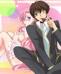  blush breasts brown_hair chocolate code_geass euphemia_li_britannia green_eyes kurimomo kururugi_suzaku naked_apron pink_hair purple_eyes school_uniform sideboob violet_eyes 