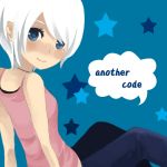  ashley_mizuki_robbins blue_eyes blush flat_chest lowres short_hair sitting smile star tank_top trace_memory white_hair 