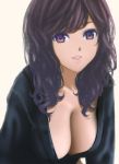  bad_id breasts cleavage curly_hair long_hair multicolored_eyes original purple_hair smile solo sweater 