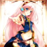  bad_id belt hands headset long_hair megurine_luka midriff navel outstretched_arm outstretched_hand pink_hair reaching shirokitsune thighhighs very_long_hair vocaloid 