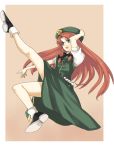  bare_legs beret blue_eyes braid hand_on_hat hat hong_meiling long_hair outstretched_leg red_hair redhead simple_background smile star touhou twin_braids 