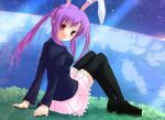  animal_ears arm_support blazer bunny_ears hair_ribbon leaning_back loafers long_hair looking_back night night_sky nigou_(aozoragarou) on_floor purple_hair rabbit_ears red_eyes reisen_udongein_inaba ribbon shoes shooting_star sitting skirt sky thigh-highs thighhighs touhou twintails 