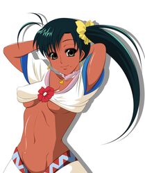  brown_eyes dark_skin erect_nipples green_hair highres jean_(lunar) lunar lunar_2:_eternal_blue mole navel under_boob underboob 