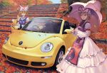  beetle_(car) blonde_hair car dress fox_tail geister hair_ribbon hat leaf leaves motor_vehicle multiple_girls parasol ribbon short_hair tail touhou umbrella vehicle volkswagen volkswagen_beetle yakumo_ran yakumo_yukari yellow_eyes yin_yang 