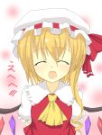  ac_(eshi) bad_id blonde_hair blush bust closed_eyes eshi flandre_scarlet hat highres open_mouth ribbon solo touhou translated wings 