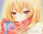  aisaka_taiga blonde_hair color crayon_(medium) gift gloves gofu holding holding_gift portrait scarf smile solo toradora! traditional_media valentine yellow_eyes 