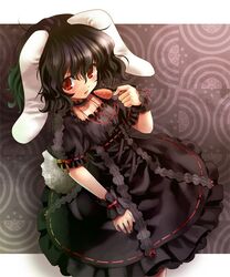  animal_ears black_dress black_hair bunny_ears carrot choker contemporary dress from_above gothic gothic_lolita inaba_tewi jewelry katahira_masashi lips lolita_fashion pendant rabbit_ears red_eyes short_hair touhou wavy_hair wrist_cuffs 