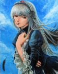  dress feathers hairband long_hair red_eyes rozen_maiden silver_hair suigintou tafuto traditional_media wings 